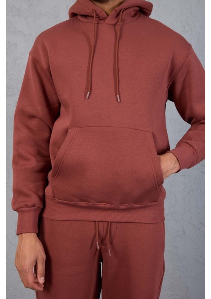 Şardonlu Kanguru Cepli Sweatshirt - 3 İplik Şardonlu Lastik Paça Erkek Eşofman Altı- Eşofman Takımı - Kiremit fiyatları