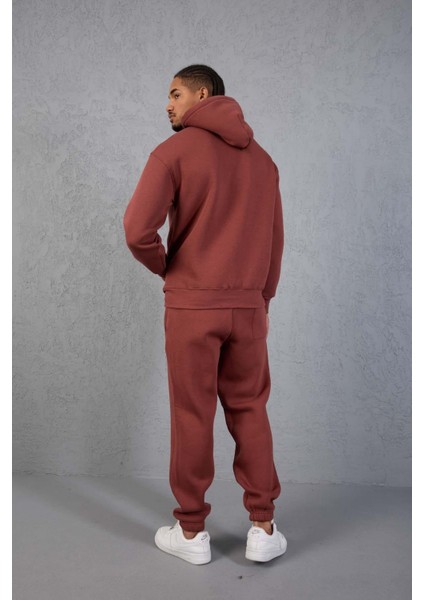 Şardonlu Kanguru Cepli Sweatshirt - 3 İplik Şardonlu Lastik Paça Erkek Eşofman Altı- Eşofman Takımı - Kiremit modelleri