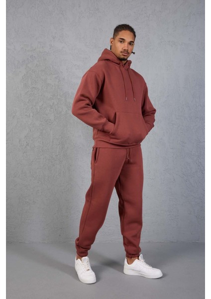 Şardonlu Kanguru Cepli Sweatshirt - 3 İplik Şardonlu Lastik Paça Erkek Eşofman Altı- Eşofman Takımı - Kiremit fırsatları