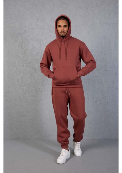 Şardonlu Kanguru Cepli Sweatshirt - 3 İplik Şardonlu Lastik Paça Erkek Eşofman Altı- Eşofman Takımı - Kiremit indirimleri