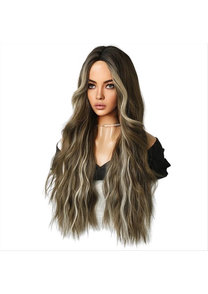 Kahverengi Bej Boyalı 72CM Peruk Kadın Uzun Kıvırcık Saç Orta Peruk Patlamaları Su Dalgası Fiber Peruk (Yurt Dışından) fırsatları