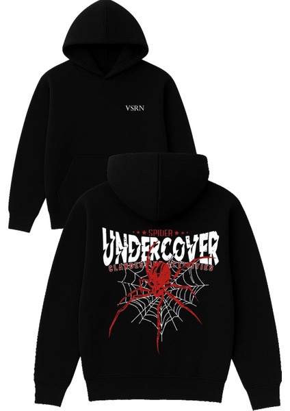 Undercover Tasarım Baskılı Oversize Siyah Kapüşonlu Sweatshirt