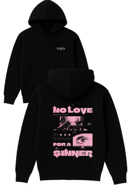 No Love Sınner Tasarım Baskılı Oversize Siyah Kapüşonlu Sweatshirt