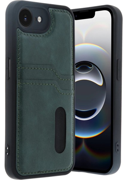 iPhone 16E Kılıf Sara Kartvizitli Deri Kılıf - Koyu YEŞIL-(5796) - X056I757-R78056