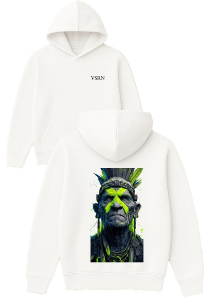 Kızılderelı Yaslı Tasarım Baskılı Oversize Beyaz Kapüşonlu Sweatshirt