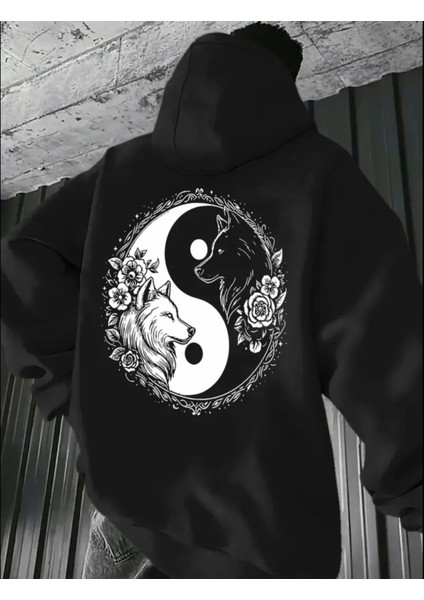 Büyük Beden Özel Tasarım Kapüşonlu Ying-Yang Çift Kurt Sırt Baskılı Hip Hop Erkek Sweatshırt