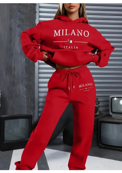 Büyük Beden Özel Tasarım Kapüşonlu Milano Baskılı %100 Pamuk Kışlık Modern Kadın Eşofman Takımı