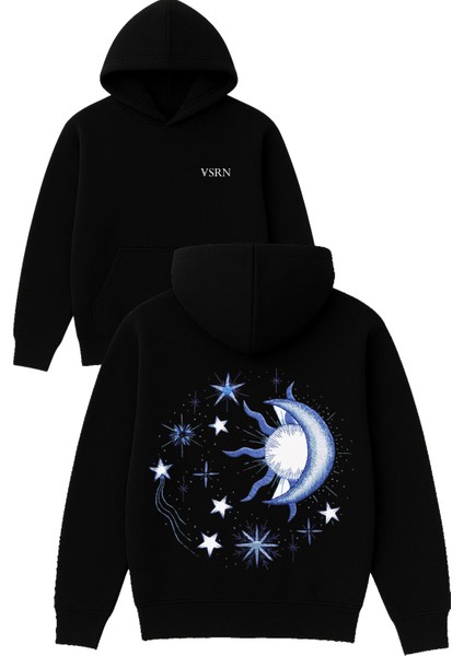 Ay ve Güneş Tasarım Baskılı Oversize Siyah Kapüşonlu Sweatshirt