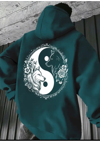 Büyük Beden Özel Tasarım Kapüşonlu Ying-Yang Çift Kurt Sırt Baskılı Hip Hop Erkek Sweatshırt