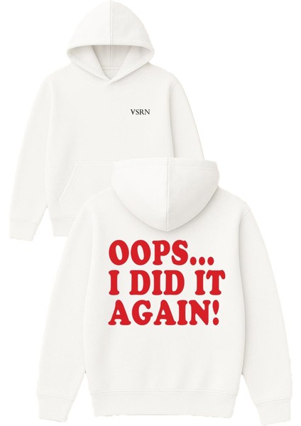 Oops Tasarım Baskılı Oversize Beyaz Kapüşonlu Sweatshirt