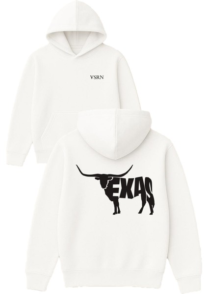 Texas Boğa Tasarım Baskılı Oversize Beyaz Kapüşonlu Sweatshirt