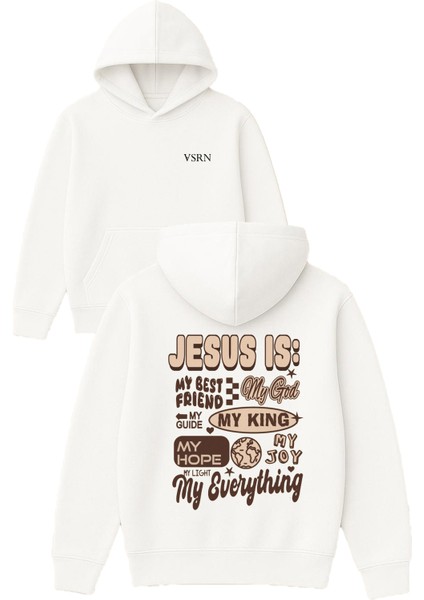 Jesus Is My Tasarım Baskılı Oversize Beyaz Kapüşonlu Sweatshirt