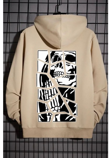 Büyük Beden Özel Tasarım Kapüşonlu Skull Cracked Sırt Baskılı Süper Oversize Erkek Sweatshırt