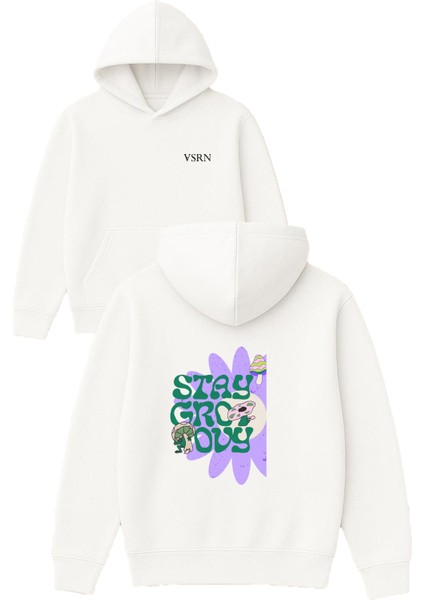 Stay Groovy Tasarım Baskılı Oversize Beyaz Kapüşonlu Sweatshirt