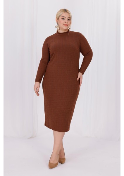 Kadın Kahve Balıkçı Yaka Esnek Burgu Triko Büyük Beden Elbise