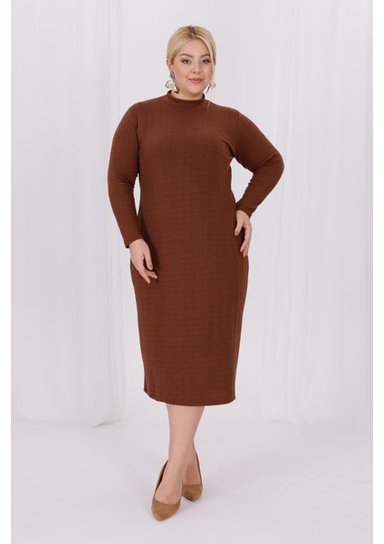 Kadın Kahve Balıkçı Yaka Esnek Burgu Triko Büyük Beden Elbise fiyatları
