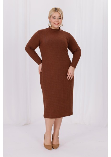 Kadın Kahve Balıkçı Yaka Esnek Burgu Triko Büyük Beden Elbise modelleri