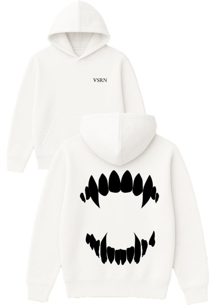 Düz Vampir Dişleri Tasarım Baskılı Oversize Beyaz Kapüşonlu Sweatshirt