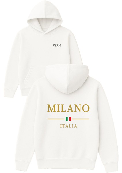 Milano Italy Tasarım Baskılı Oversize Beyaz Kapüşonlu Sweatshirt