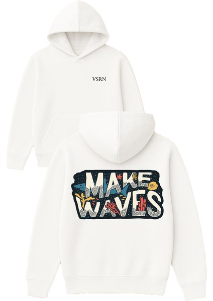 Make Wawes Tasarım Baskılı Oversize Beyaz Kapüşonlu Sweatshirt
