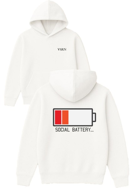 Social Batery Tasarım Baskılı Oversize Beyaz Kapüşonlu Sweatshirt