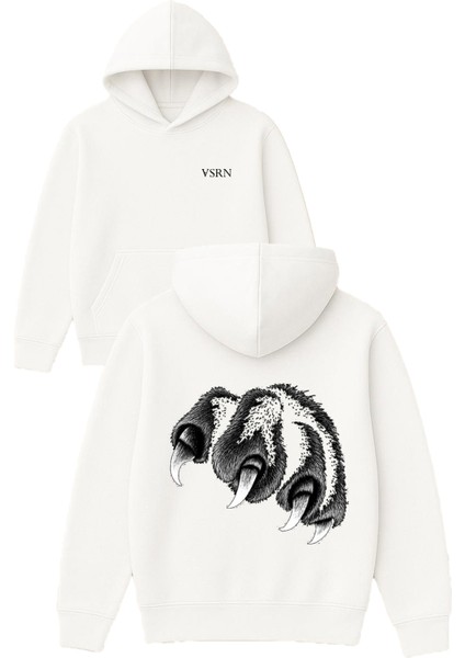 Ayı Pençesi Tasarım Baskılı Oversize Beyaz Kapüşonlu Sweatshirt