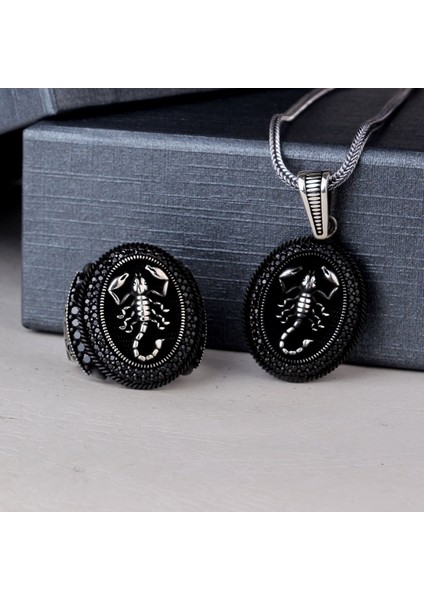 925 Ayar Gümüş Mikro Taşlı Akrep Model Kolye Yüzük Kombini