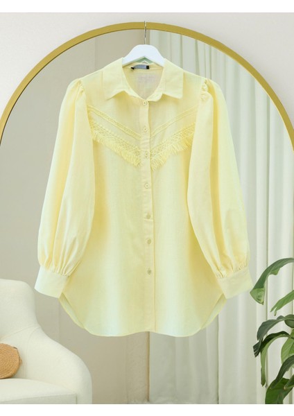 Güpür Püsküllü Ham Keten Balon Kol Gömlek