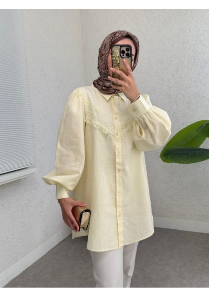 Güpür Püsküllü Ham Keten Balon Kol Gömlek modelleri