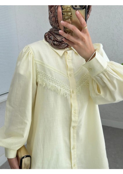 Güpür Püsküllü Ham Keten Balon Kol Gömlek fırsatları