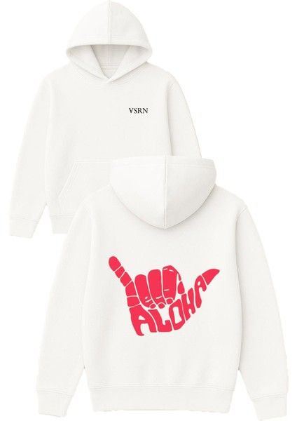 Aloha Tasarım Baskılı Oversize Beyaz Kapüşonlu Sweatshirt