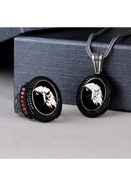 925 Ayar Gümüş Mikro Taşlı Kartal Model Kolye Yüzük Kombini