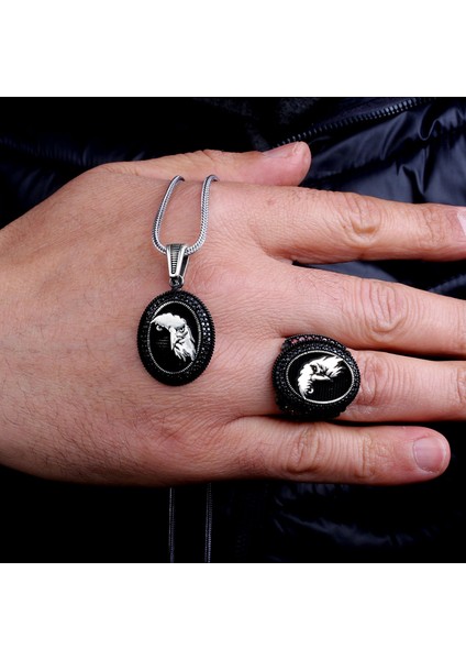 925 Ayar Gümüş Mikro Taşlı Kartal Model Kolye Yüzük Kombini fiyatları