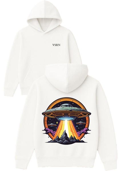Işın Saçan Ufo Aracı Tasarım Baskılı Oversize Beyaz Kapüşonlu Sweatshirt