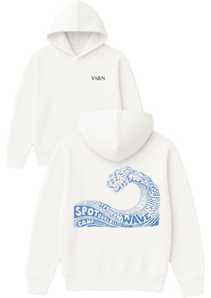 Spot Wave Tasarım Baskılı Oversize Beyaz Kapüşonlu Sweatshirt
