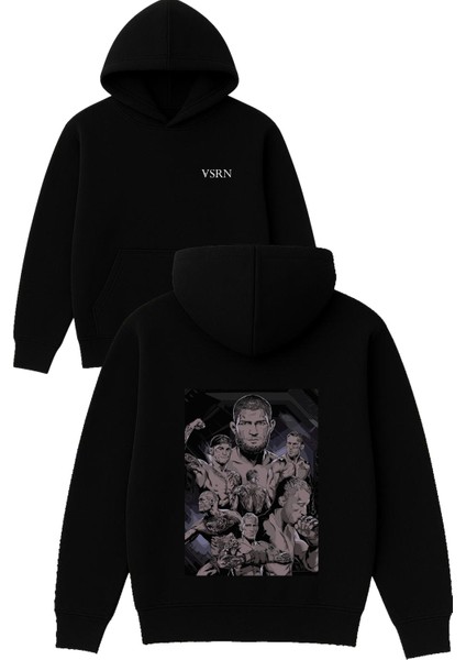 Khabib Team Tasarım Baskılı Oversize Siyah Kapüşonlu Sweatshirt