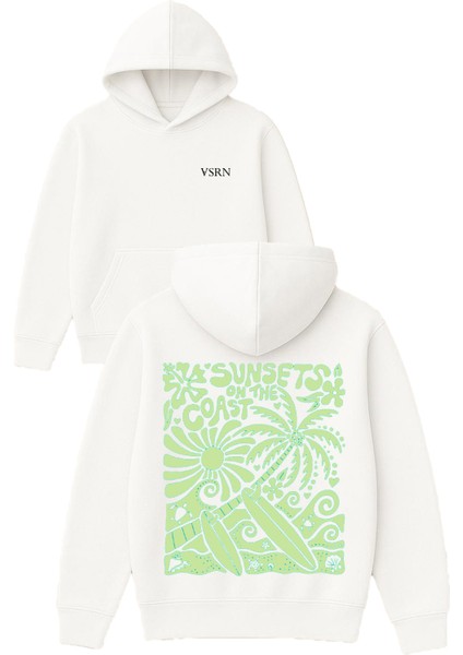 Sunsets On The Coast Tasarım Baskılı Oversize Beyaz Kapüşonlu Sweatshirt