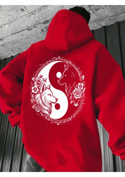 Büyük Beden Özel Tasarım Kapüşonlu Ying-Yang Çift Kurt Sırt Baskılı Hip Hop Erkek Sweatshırt