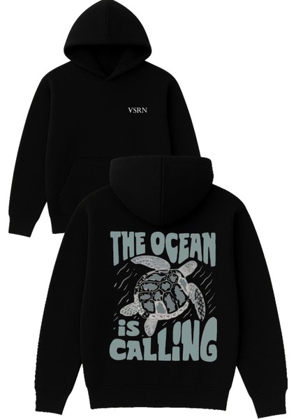 The Ocean Is Tasarım Baskılı Oversize Siyah Kapüşonlu Sweatshirt