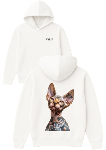 Bad Cat Sphanks Tasarım Baskılı Oversize Beyaz Kapüşonlu Sweatshirt
