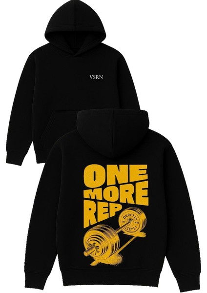 One More Rep Tasarım Baskılı Oversize Siyah Kapüşonlu Sweatshirt