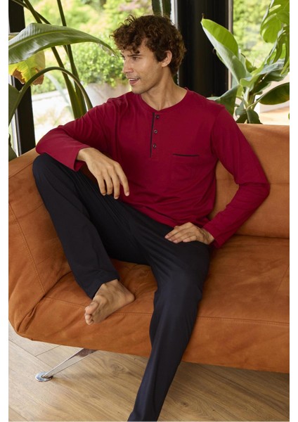 9250 Erkek Dört Mevsim Midi Yaka Uzun Kollu Pijama Takım