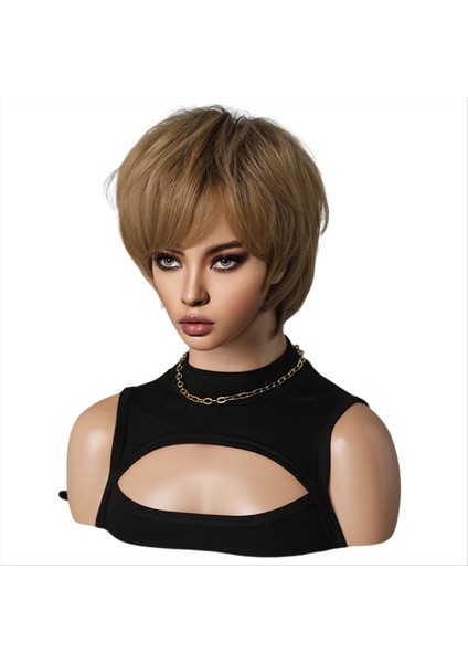 Altın Kahverengi 26CM Peruk Dişi Kısa Saç Unisex Bütün Üst Set Kimyasal Elyaf Saç Tam Kafa Kaplama Kısa Saç (Yurt Dışından)