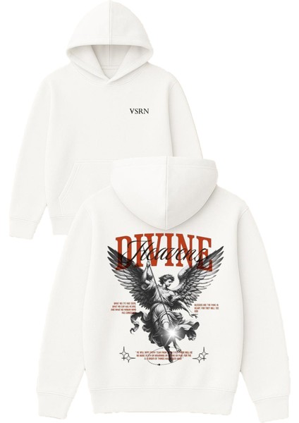 Dıvıne Tasarım Baskılı Oversize Beyaz Kapüşonlu Sweatshirt