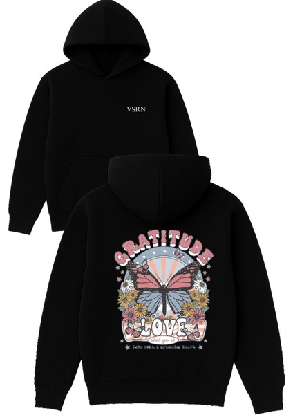 Gratıtude Tasarım Baskılı Oversize Siyah Kapüşonlu Sweatshirt