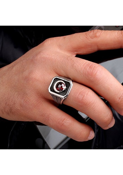 925 Ayar Gümüş Zirkon Taşlı Ayyıldız Model Erkek Yüzük