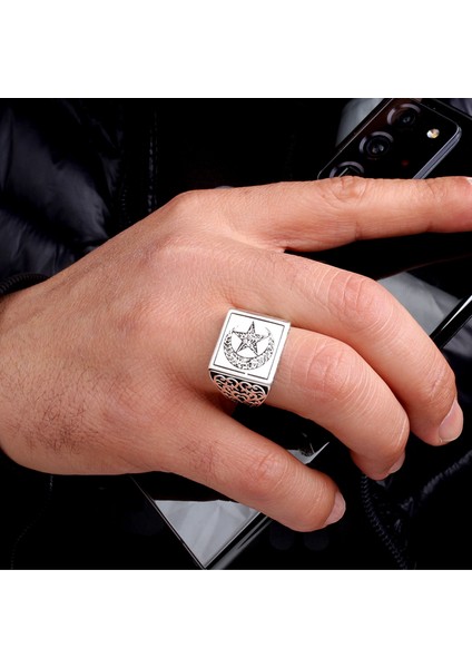 925 Ayar Gümüş Ayyıldız Model Kelime-I Tevhid Yazılı Erkek Yüzük