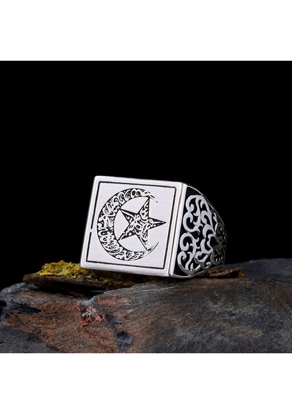 925 Ayar Gümüş Ayyıldız Model Kelime-I Tevhid Yazılı Erkek Yüzük fiyatları