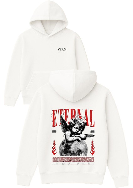 Eternal Tasarım Baskılı Oversize Beyaz Kapüşonlu Sweatshirt