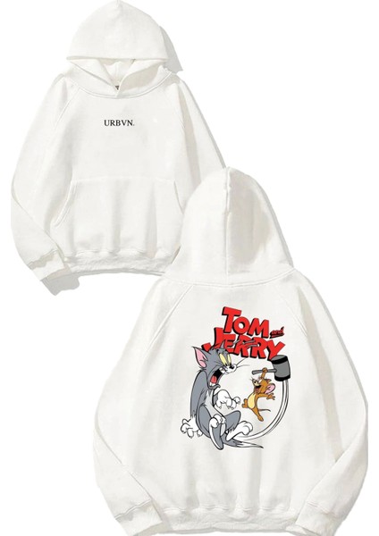 Tom And Jerry Tasarım Baskılı Oversize Beyaz Kapüşonlu Sweatshirt